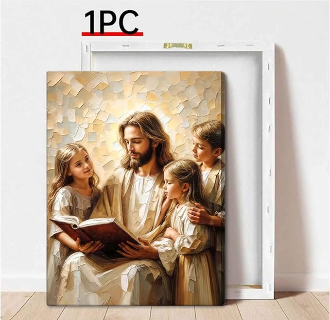 Jesus Teaching Child Canvas Wall Art Christian Kids Room Wall Decor God With Children Painting Pictures Religion Faith Poster Prints for Kids Room Bedroom Church Decoration 16X24