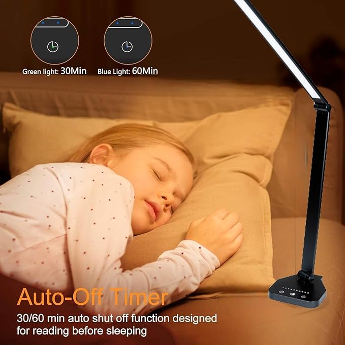 LED Desk Lamp Dimmable Table Lamp Reading Lamp with USB Charging Port, 5 Lighting Modes, Sensitive Control, 30/60 Minutes Timer (Black)