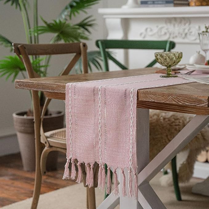 Niviy Pink Valentines Day Table Runner 72 Inches Long with Tassels - Gifts for Women, Birthday Table Decorations Linen Runners for Wedding Party Baby Shower Decor (Pink, 12"×72")