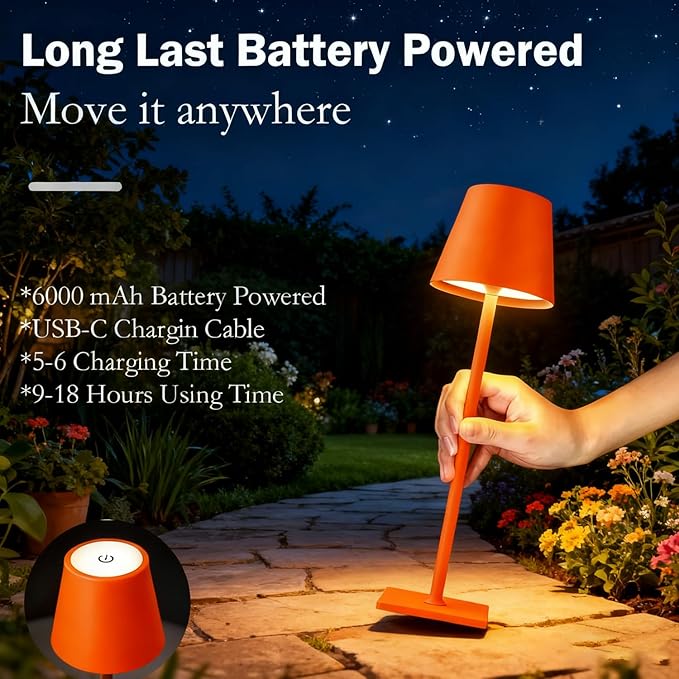 Orange Rechargeable Table Lamp Set of 2,Small Led Cordless Table Lamp,Outdoor Table Light for Restaurant Dining Table Top Tabletop Dinner,Retor Lamp Mid Century Morder Lamp,Vintage Lamps,Kitchen lamp