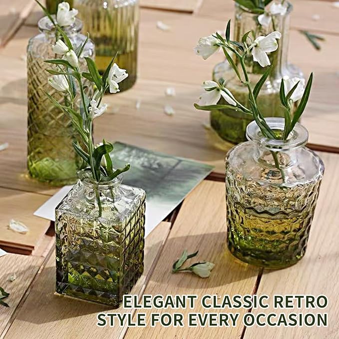 KUAGUINZUHE 12 Pcs Glass Bud Vase Set, Small Green Vintage Flower Vases for Wedding Centerpieces in Bulk, Mini Embossed Vases for Home Table Decor, Party, Baby Shower Decorations