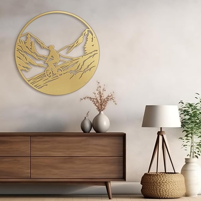 SIGNLEADER Metal Wall Art Decor Mountains, Pine Trees, Cyclists Modern Abstract Wall Sculpture Hangings Home Decoration for Living Room, Bedroom, Bathroom, Kitchen, Outdoor - 18" Gold
