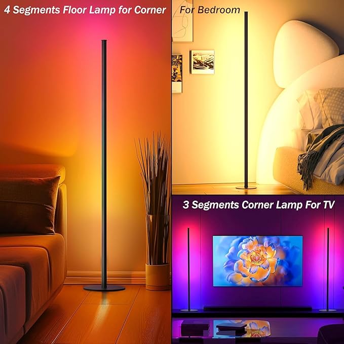 Corner Floor Lamp 1 Pair, LED Corner Lamp with Reomte, APP Control 16 Million DIY Color, Music Sync, Timing, Color Changing Ambient Lights for Living Room, Bedroom, Gaming(One Adaptor, Y Type Cord)