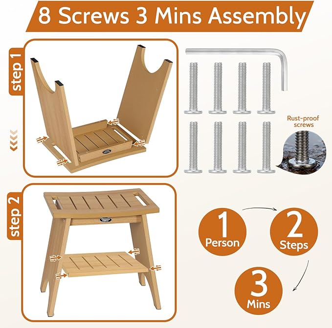 Shower Stool for Inside Shower, Shower Benches for Shaving Legs, 500lbs Shower Chair with Space-Efficient Storage Shelf, Waterproof Shower Seat for Spa Bathroom, Indoor or Outdoor Use(Teak Style)