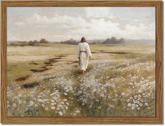 Framed Jesus Wall Art, Christian Wall Decor Pictures, Jesus Walking in Field Paintings Canvas Prints Religious Home Decoration for Living Room Bedroom Office Church 16x24 inch