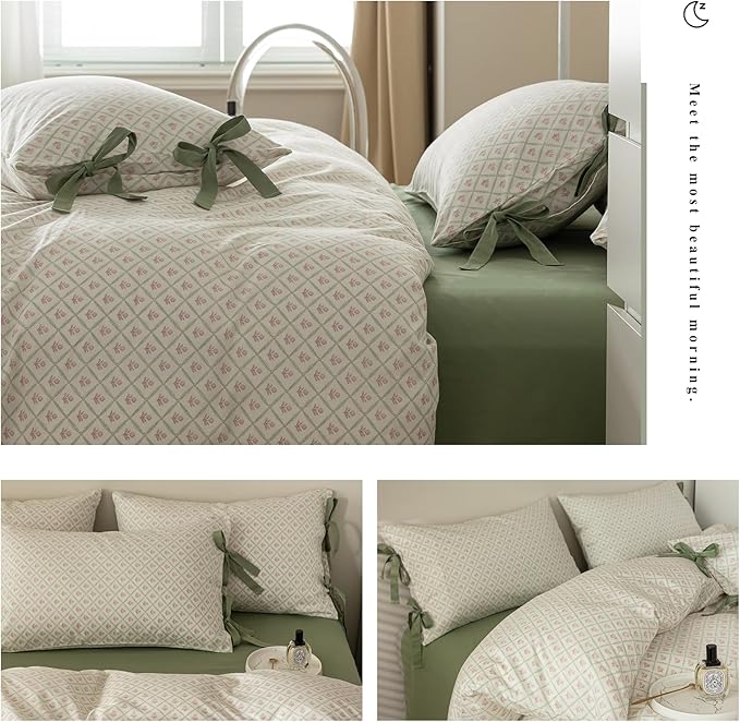 Pink Flower Duvet Cover Queen Green Plaid Grid Duvet Cover 100% Cotton Floral Cottagecore Bedding Set Queen with 2 Bow Ties Pillowcases Vintage Aesthetic Girls Comforter Cover with Zipper Closure