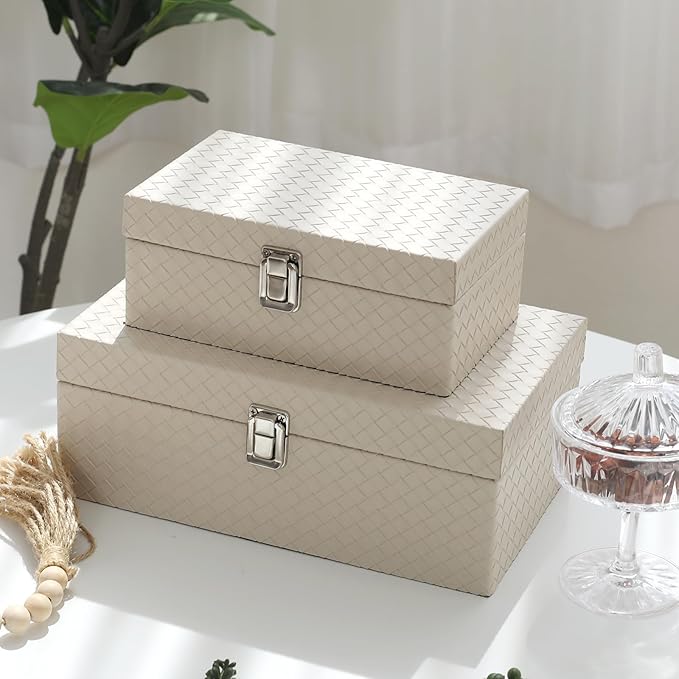Faux Leather Decorative Jewelry Storage Organizer Boxes Set of 2, Apricot White