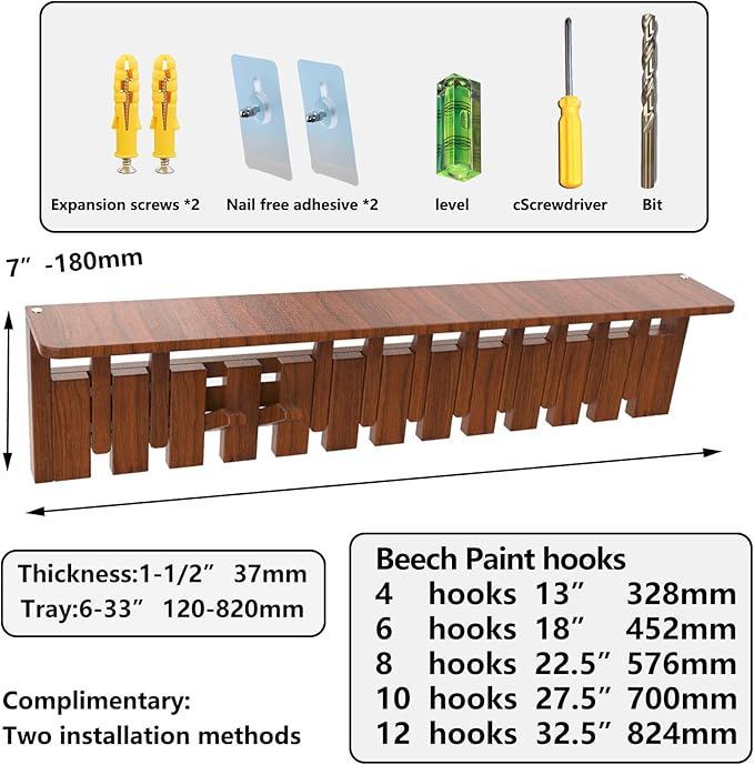 Wall Mounted Coat RackHooks Piano Key Hangers Natural Solid Wood Hanger Non-Woven Fabric Clothes Hangers for Closet, Kitchen, Bedroom, Bathroom, Entryway (Tray-Walnut, 6 Hooks)