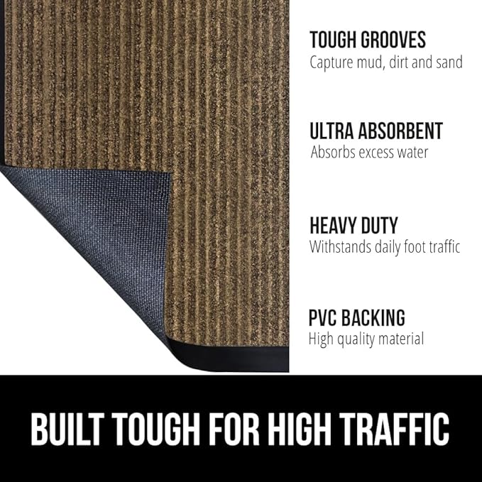 GORILLA GRIP Waterproof Traffic Guard Door Mat, 60x36, Heavy Duty Entryway Mats, Strong Backing Commercial Utility Rugs for Office Hallway, Garage Floor and Home, Low Profile Carpet Runner, Brown