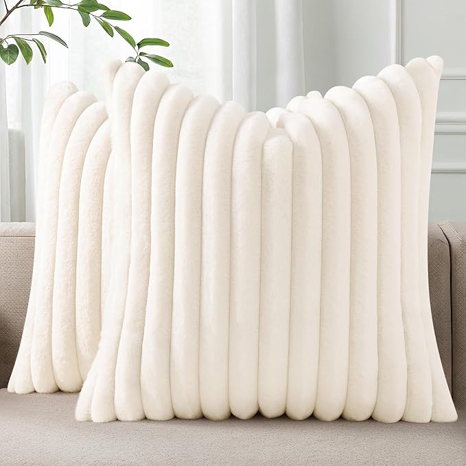 Pallene Faux Fur Plush Spring Throw Pillow Covers 26x26 Set of 2, Luxury Soft Fluffy Striped Decorative Pillow Covers for Sofa, Couch, Living Room, Cream White