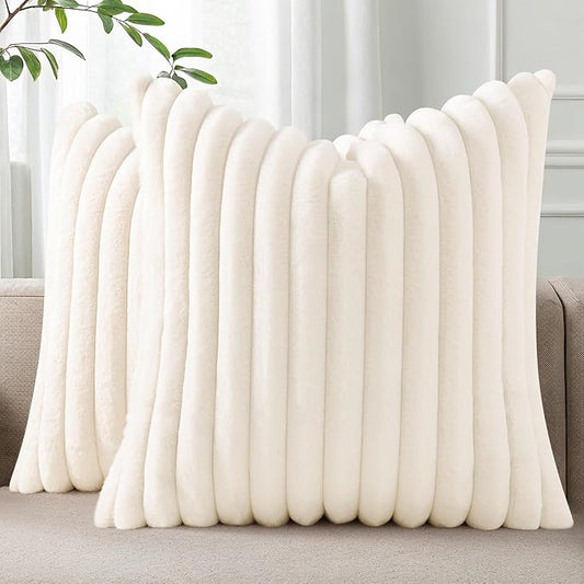 Pallene Faux Fur Plush Spring Throw Pillow Covers 22x22 Set of 2, Luxury Soft Fluffy Striped Decorative Pillow Covers for Sofa, Couch, Living Room, Cream White
