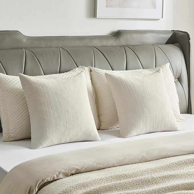 FUTEI Cream Chenille Decorative Throw Pillow Covers 26x26 Inch Set of 2,Soft Crushed Striped Texture Euro Pillow Sham,Modern Home Decor for Couch Bed Living Room