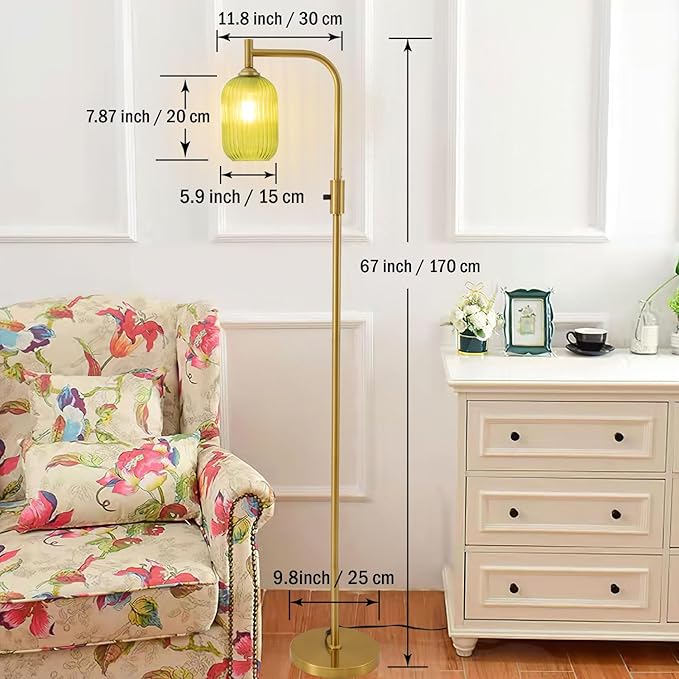 Asmymhd Dimmable Brass Gold Floor Lamp, Mid Century Modern Standing Lamp with Ribbed Green Glass Lampshade,Tall Lamp for Living Room Bedroom Study Room