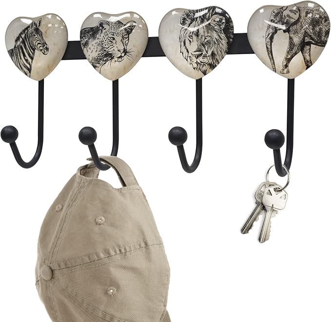 Coat Rack Wall Mounted with 4 Hook, Heart Glass Finishes Animal Pattern Elephant Lion Zebra Leopard Decorative Wall Hooks for Entryway Hanging Hat, Key, Towel, Purse and Bag - Metal