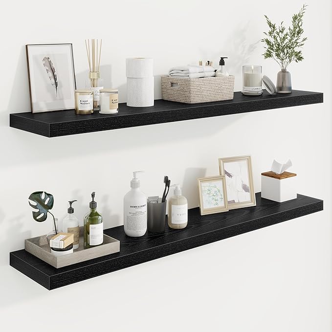 48in Floating Shelves for Wall, 48"W x 9.25"D x 1.25"H, 2 Pack Long Wall Mounted Engineered Wood Shelves with Invisible Brackets for Living Room, Bedroom, Bathroom, Kitchen Decor and Storage, Black