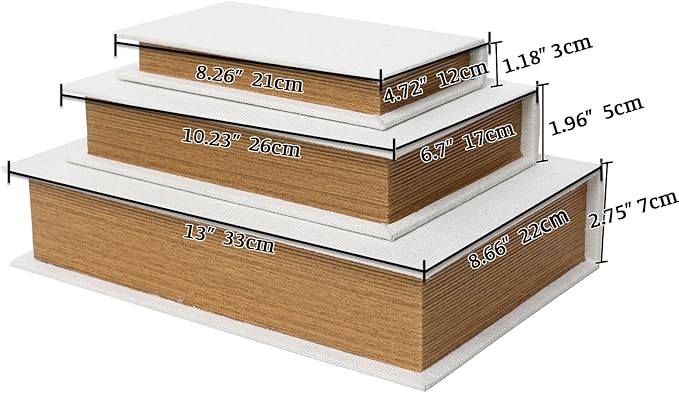 Decorative Book Boxes Set of 3 – Modern Faux Linen & Wood Hidden Storage for Coffee Table – Stackable Fake Books for Shelf Decor, Remote Control & Jewelry Organizer (Off White)