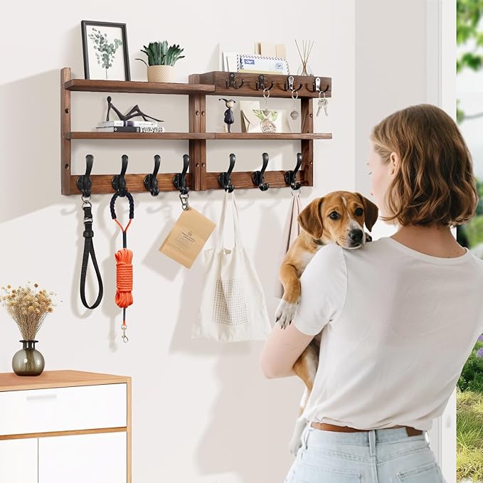29" Coat Rack Wall Mount with Shelf, Pine Two-Tier Wall Shelf Mounted Coat and Key Hanger with 7 Heavy Duty Hooks 4 Key Hooks, Entryway Key Holder with Mail Holder for Bedroom,Living Room (Brown)