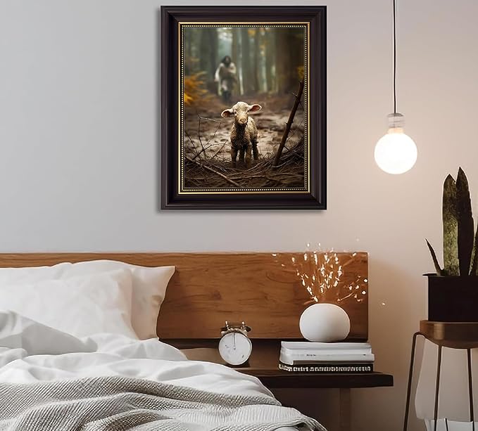 Framed Jesus and Lamb Wall Art Jesus Running After Lost Sheep Picture Wall Decor Christianity Lambs of God Home Decoration Inspirational Christian Poster Prints for Office Bedroom Livingroom 12x16in