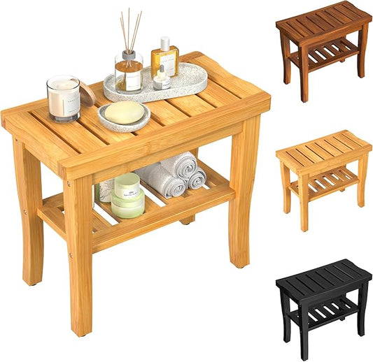 Bamboo Shower Bench Stool with Storage Shelf Waterproof Shower Chair Spa Bath Seat First Apartment Essentials New Home Must Haves Things Stuff Accessories House Warming Hostess Host