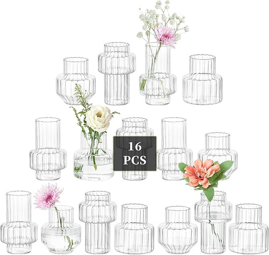 Glasseam Glass Bud Vases for Centerpieces: 16Pcs Small Clear Vase for Flowers Bulk Wedding Table Centerpieces - Modern Mini Decorations for Cute Vintage Home Living Room Decor