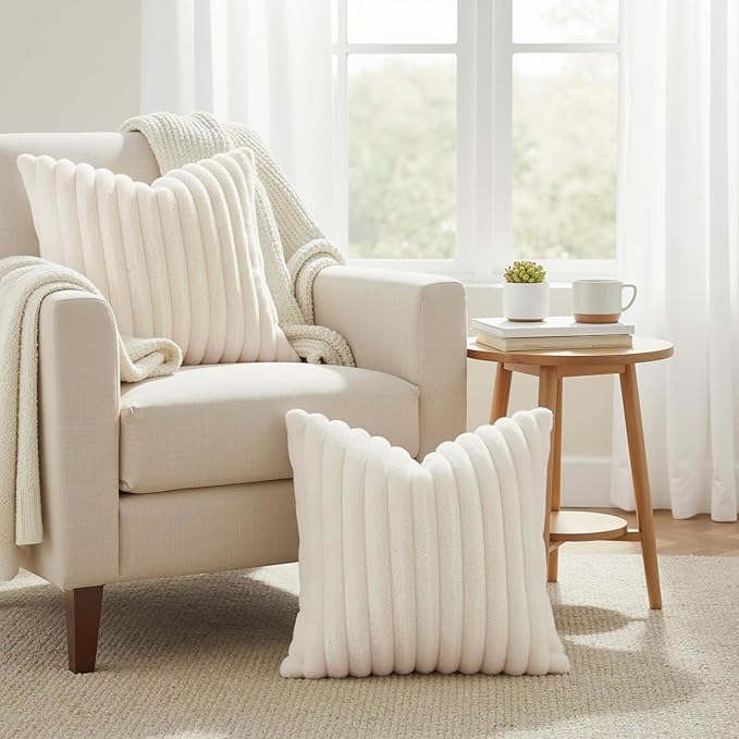 decorUhome Faux Fur Spring Throw Pillow Covers 16x16 Set of 2, Decorative Soft Plush Striped Neutral Couch Pillow Covers with Velvet Back for Sofa, Bed, Living Room Home, Cream White