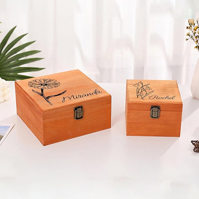 Personalized Wooden Keepsake Memory Box with Birth Flower & Name, Custom Wood Decorative Storage Box with Lids Customized Christmas Gift Box for Women Teen Girls Mom Birthday Gifts
