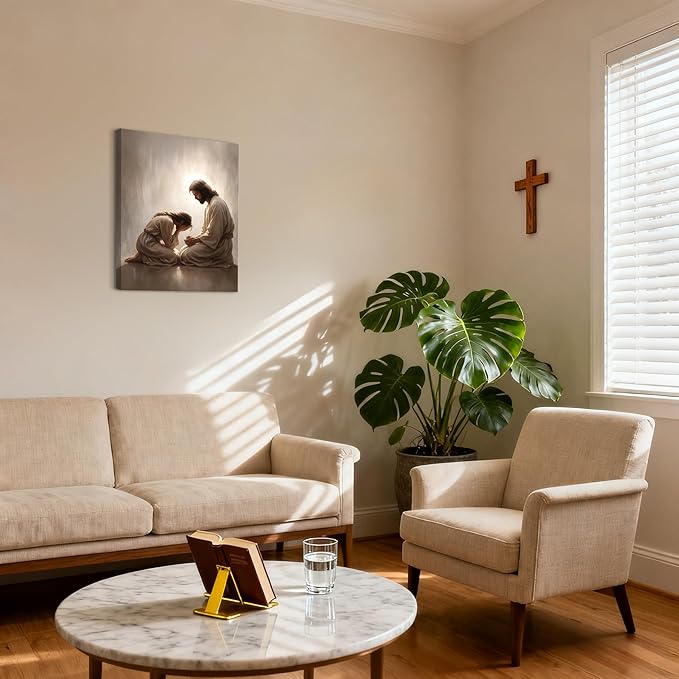 Jesus and Woman Wall Art, Christian Repentance and Forgiveness Canvas Painting, Sacred Heart Biblical Wall Decor Pictures Religious Poster Prints for LDS Home Living Room Prayer Room 12×16 in Framed