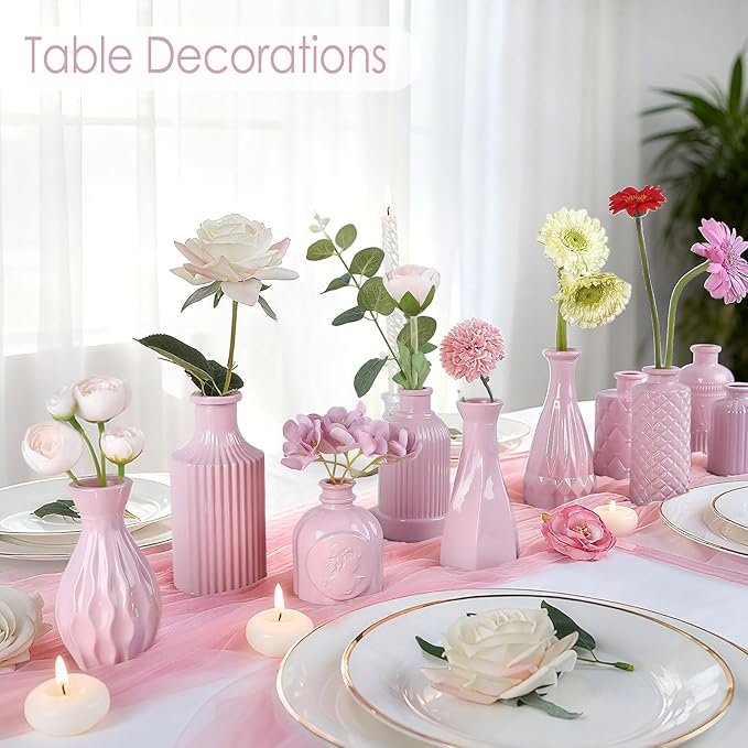 Valentine's Day Blush Pink Glass Bud Vase Set of 12 – Mini Vintage Vases for Flowers, Centerpieces, Wedding & Home Décor