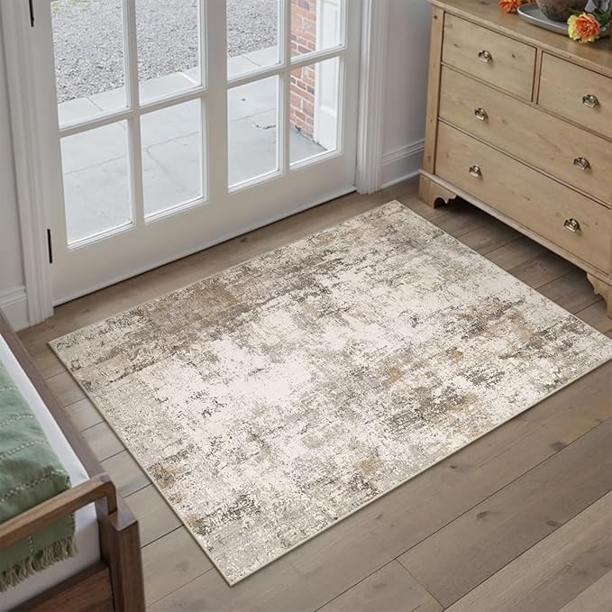 WondRg 2x3 Washable Area Rug Brown Grey Abstract Entryway Kitchen Throw Rug Neutral Modern Non Slip Soft Low Pile Small Carpet for Bathroom Living Room Bedroom