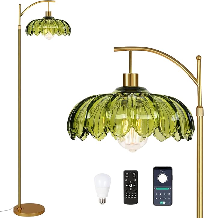 ZECOXOL Gold Floor Lamps for Living Room Vintage Green Floor Lamp with Remote Control & Glass Lampshape,Dimmable Mid Century Modern Standing Lamp Tall Flower Lamp Brass Floor lamp for Bedroom Corner