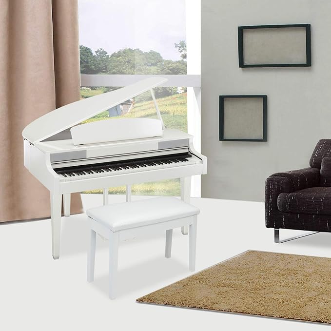 Bonnlo White Duet Piano Bench Wooden Keyboard Bench with Storage and Padded Cushion