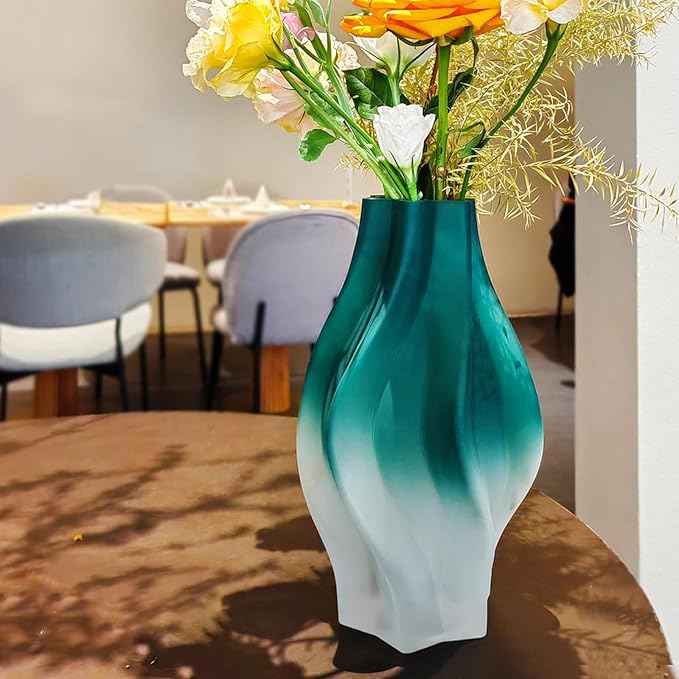 Modern Glass Vase with Hexagonal Mouth Gradient Color Home Decor Vase for Centerpieces, Wedding, Living Room, Bedroom, Table Decor(Green)