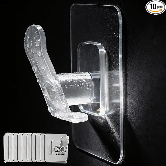 DELITON 10 Pack Adhesive Towel Hooks, Coat Hooks Stick on Wall Hanging Robes Clothes Towels for Bathroom Kitchen, Clear