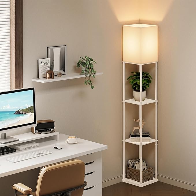 Floor Lamp with Shelves, 4 Layer Square Standing Lamp with 3 Color Temperature Bulb, Corner Display Bookshelf Lamp for Living Room, Bedroom and Office（White-2 Packs）
