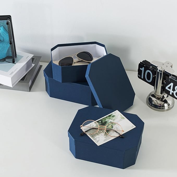 Soul & Lane Octagon Textured Decorative Boxes in Navy Blue, Set of 3 Unique Nesting and Durable Cardboard Memory Storage Boxes for Organizing, Gifts, Keepsakes