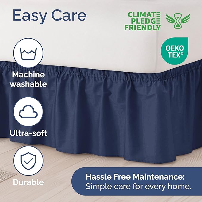 Wrap Around Dust Ruffle Bed Skirt - Navy Blue - for Full Size Beds with 21 Inch Drop - Elastic Strap - Adjustable Pleated Bedskirt with Brushed Fabric and Wrinkle Free - for Women, Men, Kids & Teens