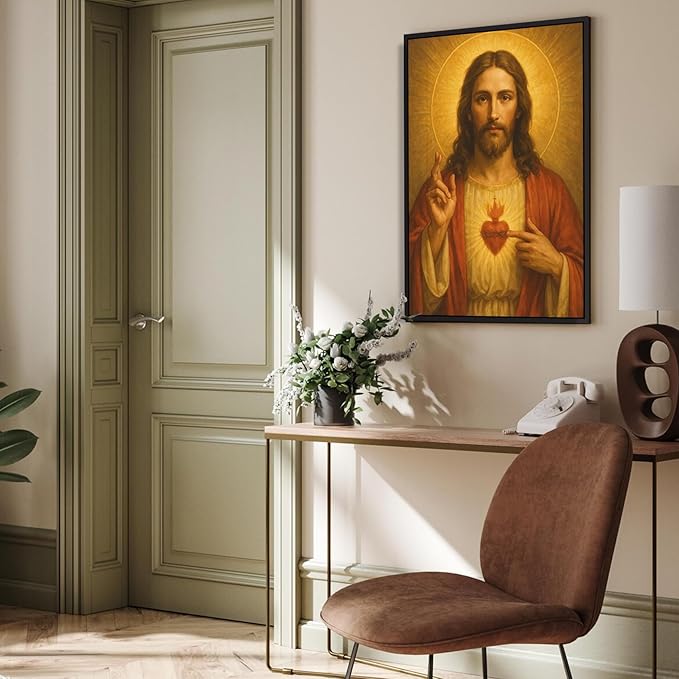 Framed Sacred Heart of Jesus Canvas Wall Art Divine Mercy Wall Decor Jesus Portrait Painting Christian Religious Artwork Catholic Poster Prints for Bedroom Living Room Prayer Room Church 12x16in