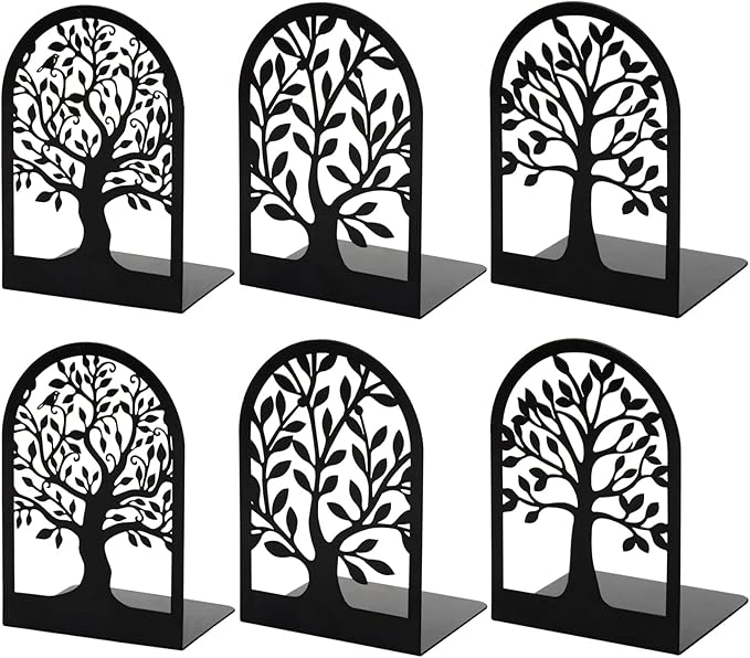 HappyHapi Book Ends, Metal Bookends for Shelves Decorative, Tree Stopper for Heavy Books, Black Ends to Hold Books for Home Office, 6.5 X 4.7 X 3.5 Inch(3 Pairs/6 Pcs, Large)