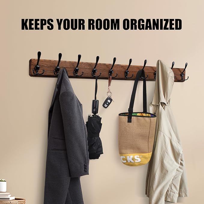 Rustic 38.6" Large Coat Rack Wall Mount, Long Wood Coat Hooks with 10 Triple Hooks, Heavy Duty Wooden Coat Hanger Wall Mount for Entryway, Farmhouse Hanging Jackets, Coats, Hats, Bags,Towel