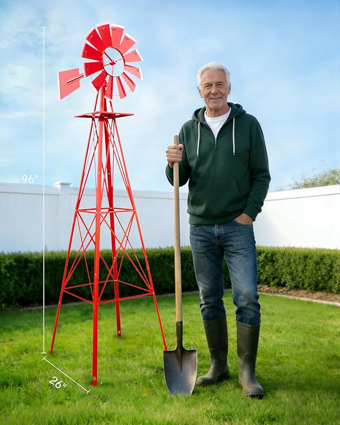 8FT Windmill for Yard Garden Decoration with Weather Vanes，Heavy Duty Outdoor Wind Mills, Large Metal Outdoor Windmill,Weather Resistant,Red