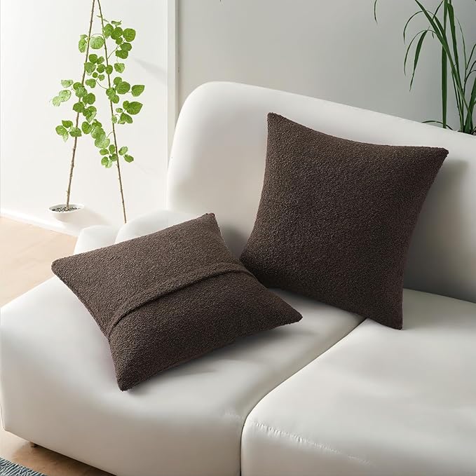 HAUSSY Set of 2 16x16 Decorative Throw Pillow Covers, Soft Cozy Textured Boucle Couch Cases, Home Decor for Couch Bed Living Room, Dark Coffee