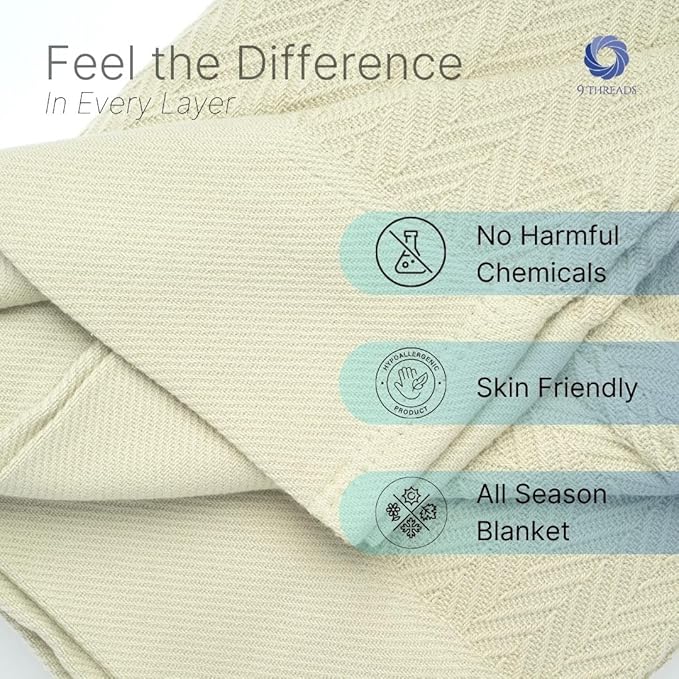 9Threads 100% Cotton Herringbone Weave Blankets, 90" X 90" Queen, Throw Blanket for Bed, All Season Cotton Blanket, Cozy Blanket,Throws & Bed Blanket, Throw Blanket for Couch, Modern Home Decor -Sage