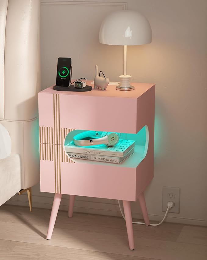 White Nightstand with Charging Station and LED Lights,Modern Bedside Table with 2 Storage Drawer,Night Stand with Solid Wood Legs,White (Pink)