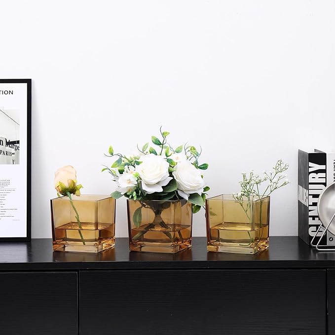 Square Amber Glass Vases Set of 6, 5" x 5" x 5" Flower Vases for Centerpieces, Square Vase for Centerpieces, Small Vase for Wedding, Party, Home Office Decoration