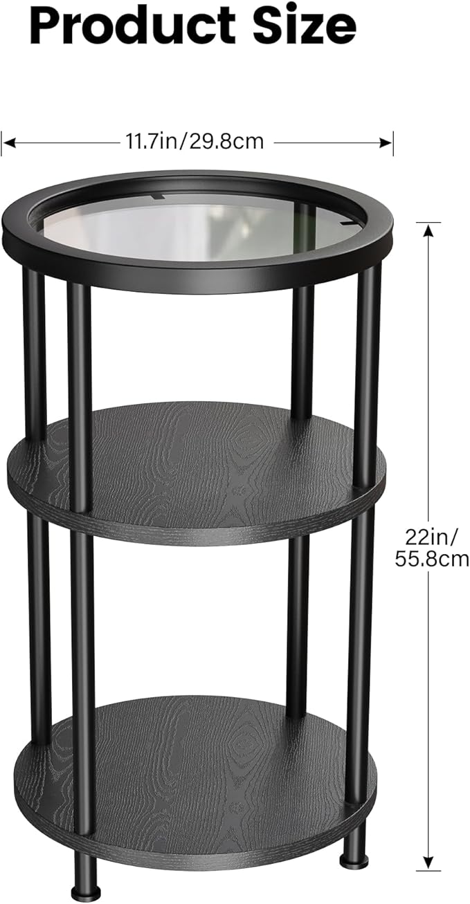 Homeiju Round Side Table with Glass Top, 3-Tier Glass End Table with Adjustable Feet, Bedside Table for Small Space for Living Room, Balcony, Bedroom, Black