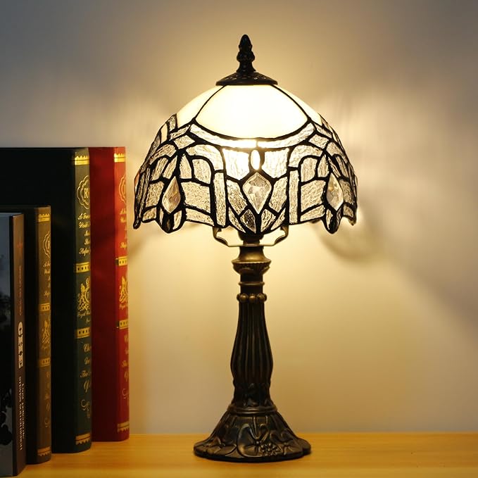 Small Tiffany Lamp Stained Glass Desk Lamp Vintage Tiffany Bedside Table Lamp for Home Living Room Bedroom Nightstand 8X15 Inch (White Bending Style)