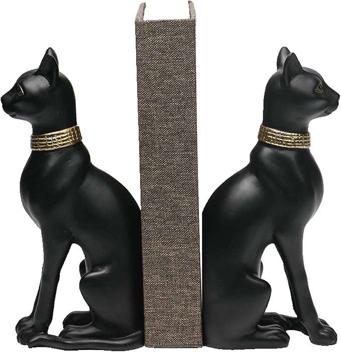 Comfy Hour 9" Egyptian Black Cat Bastet Bookends, Unique Decorative Ancient Goddess Statues for Shelves, Cat Book Ends, Vintage Ancient Novelty Home Office Decor, 1 Pair, Cat Lover Gift, Bast, Pharaoh