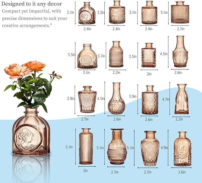 Glass Bud Vases Set of 16 - Amber Assorted Small Mini Glass Vases for Flowers, Crystal Vintage Vase Set, Bulk Centerpieces for Table Décor, Wedding, Home and Events (Amber, 16 Pcs)