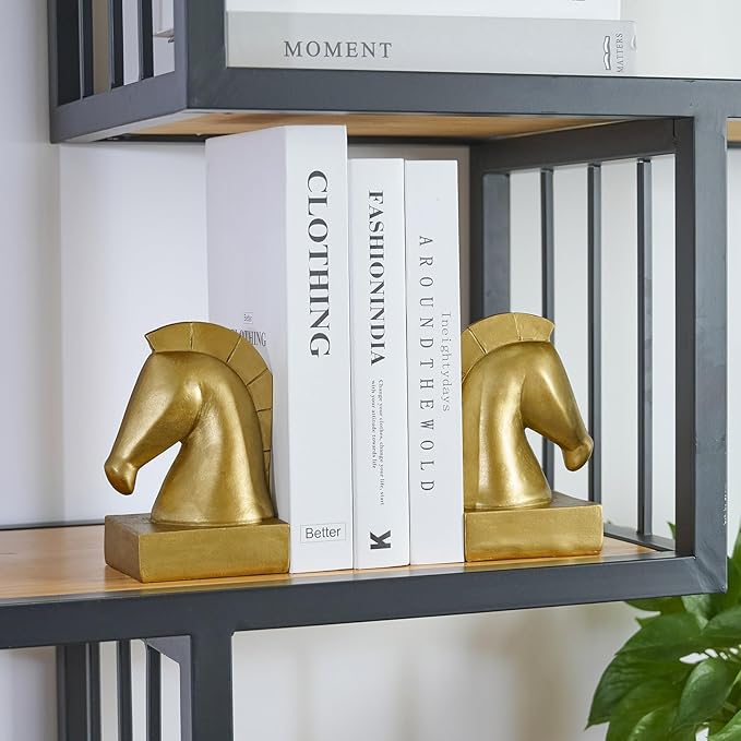 Gold Horse Head Decorative Bookends - Heavy Duty Non-Slip Book Holders, Horse Statue Book Ends for Shelves, Modern Equestrian Ornaments for Home Farmhouse Shelves Office Lover Gift