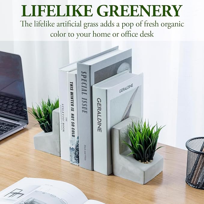 MyGift Decorative Bookends, Heavy Duty Book Ends with Artificial Green Grass Plants, Book Stands for Office Desktop, Bookshelf, Modern Gray Concrete L-Shaped